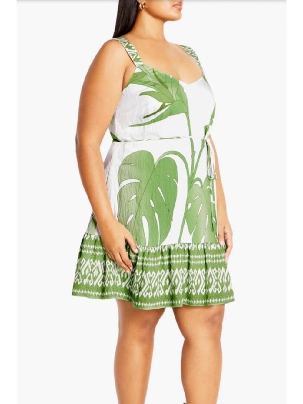 City Chic Peta Palm Floral Print Green White Ruffle Border Size 18 Plus Size M